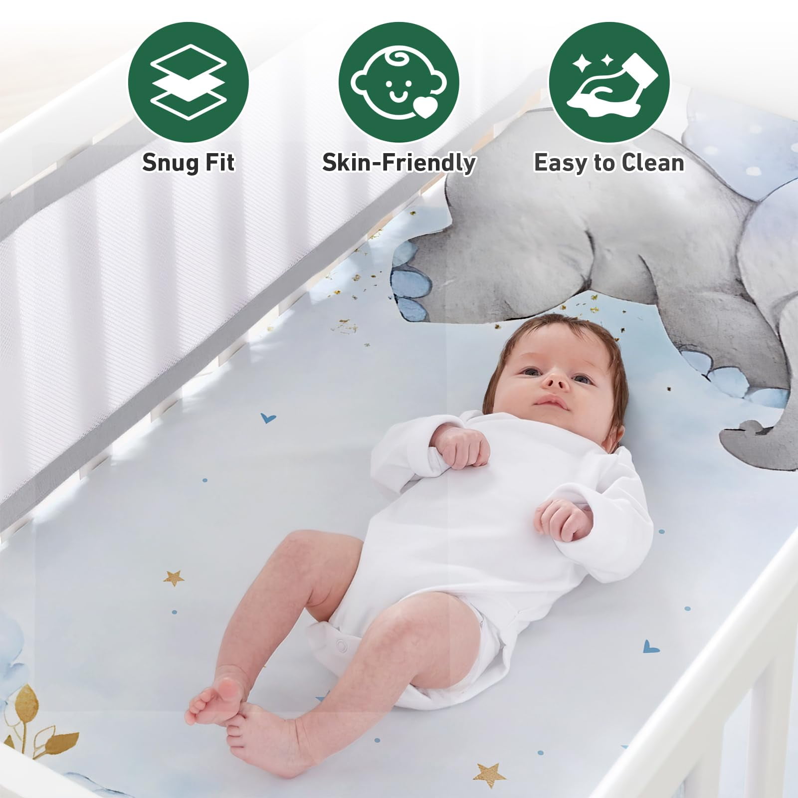 Gresahom Baby Crib Bedding Set - Blue Elephant Nursery Bed 3 Pcs Set - Chic Soft Blanket with Double Layer Dotted Backing, Fitted Sheet, Room Rug for Newborns Boys Girls Shower Gift(60"x80")