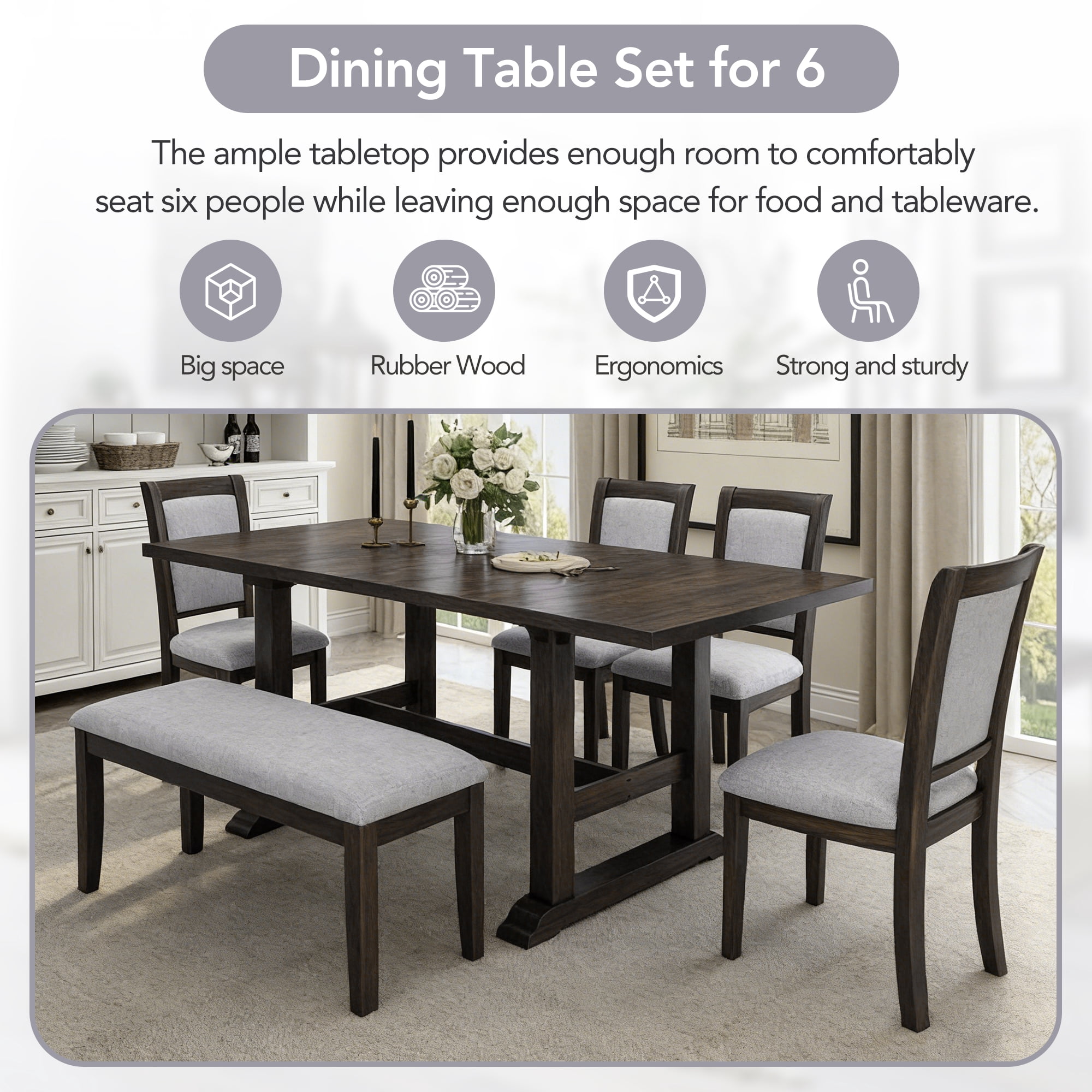 6-Piece Dining Table Set for 6, 76.9" Extendable Dining Table with Removable Leaf, 4 Chair and Bench