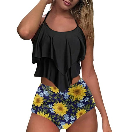 QLEICOM Women s Swimsuits High Waisted Tummy Control Swimwear Sexy High Breast Contrast Gradient Split Bikini Set Two Piece Swimsuit Women Bikinis Swimming Suits Cover Ups Bathing Suits Yellow M