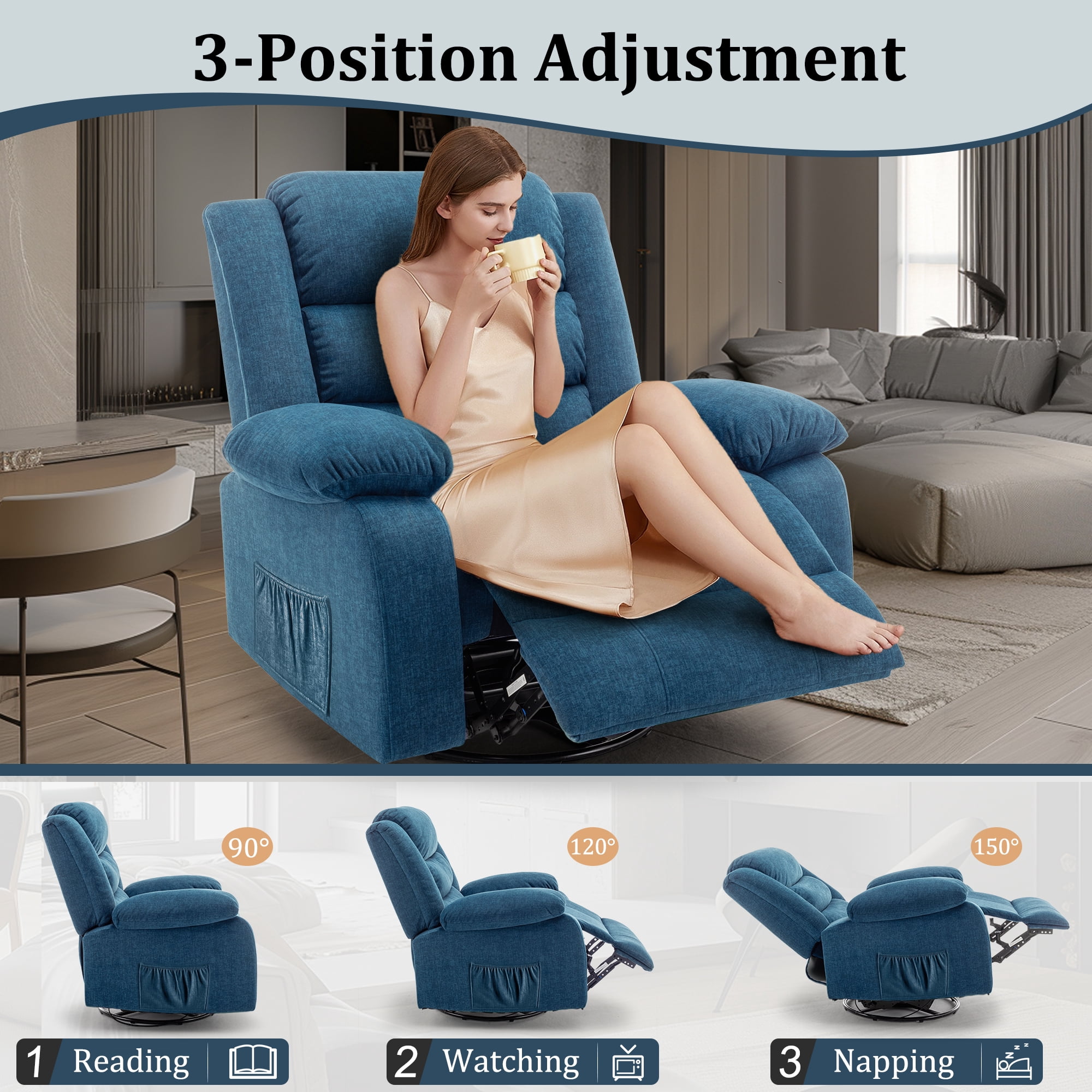 Korser Oversized Swivel Rocker Recliner Chair for Adults 40.6'' Wide for Nursery Living Room,Blue