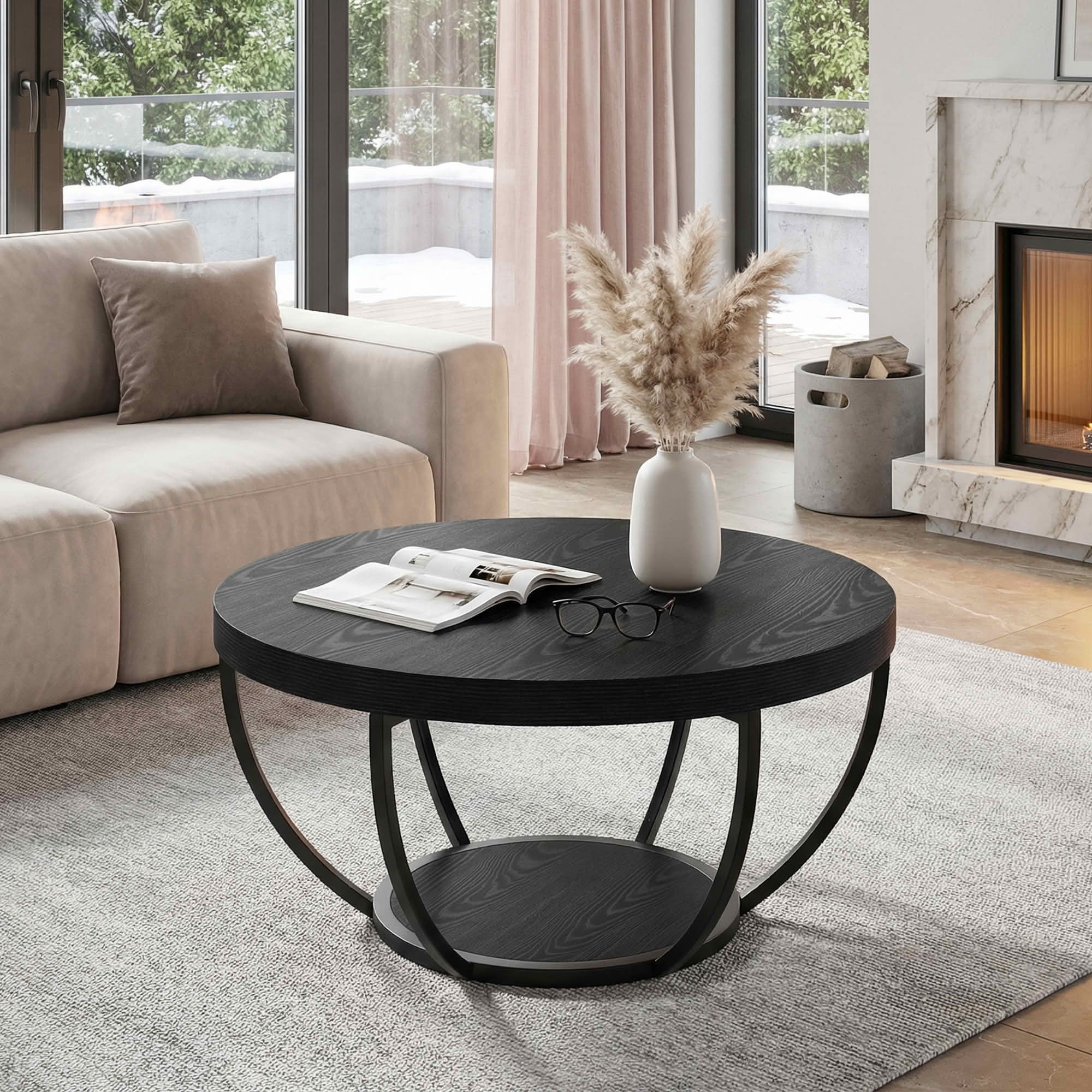 MAYEETY 2-Tier Round Wooden Coffee Table Living Room Storage Table