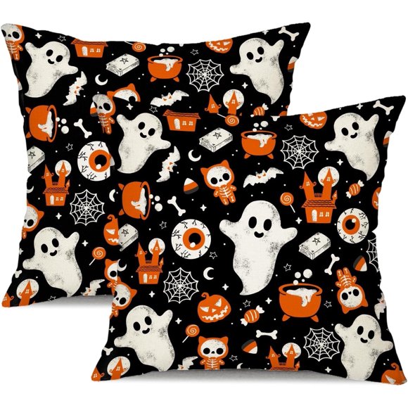 DFXSZ Housses de Coussin d'Halloween 16x16 Pouces Ensemble de 2 Fantômes Bonbons Citrouille Décorations Oreillers d'Halloween Noirs Décoratifs pour Halloween Décoration Maison pour Canapé Chaise