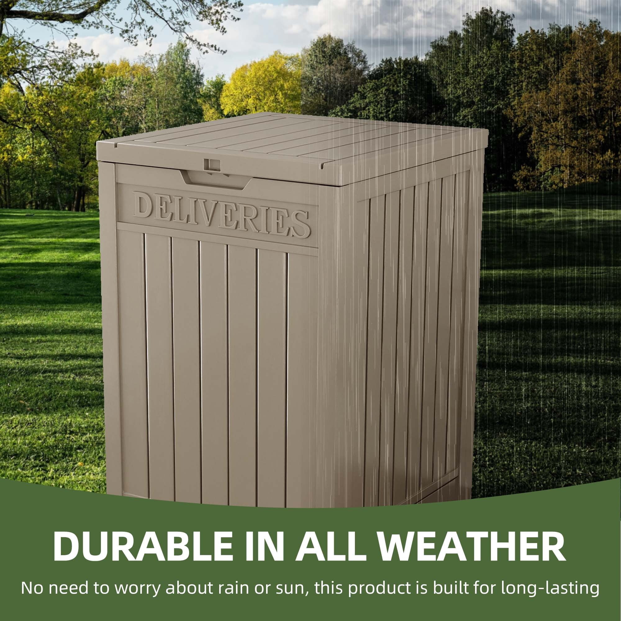 Uforic 51 Gallon Large Outdoor Resin Package Delivery Box, Waterproof Lockable Deck Storage Box for Porch & Curbside, Light Brown