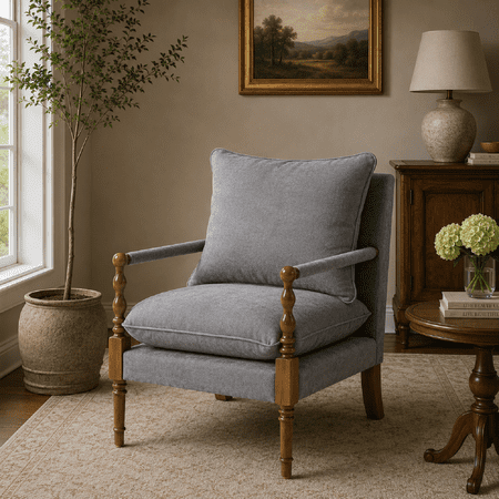 MOONMISS Vintage Spindle Accent Chair,Mid-Century Modern Chenille Fabric Upholstery Arm Chair,Gray