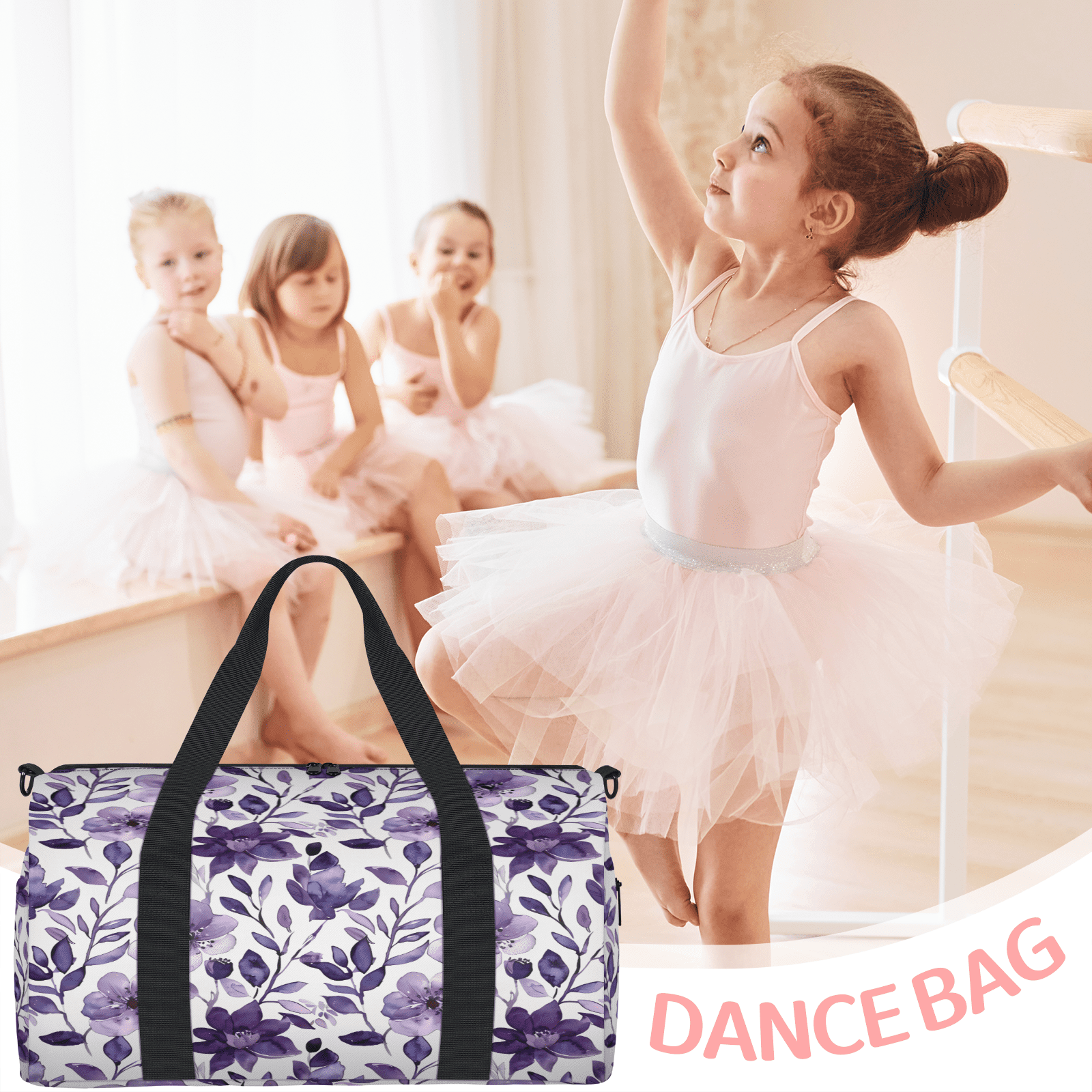 Herdesigns Flower Purple Gym Bag for Women, Duffle Bag for Travel Sport, Lightweight Waterproof Carry on Weekender Overnight Dance Yoga Workout Bags
