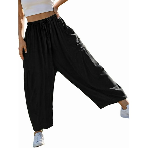 Pantalones Palazzo Harem Informales Holgados con Cordón para Mujer, para Verano, Playa, Viajes, Vacaciones, con Bolsillos. Negro M