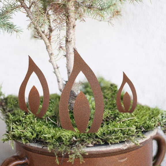 Hytrove Rusty Garden Decor 3Pcs Iron Candle Flame Stake for Homeowners