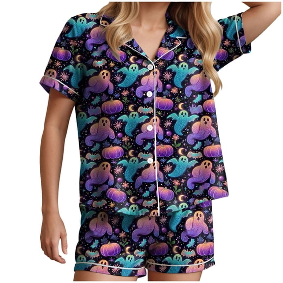 Halloween Silk Pajamas Women’s Shorts Set Two Piece Summer Out with Short Sleeve V-Neck Top and Matching Bottoms for Everyday Travel Purple S