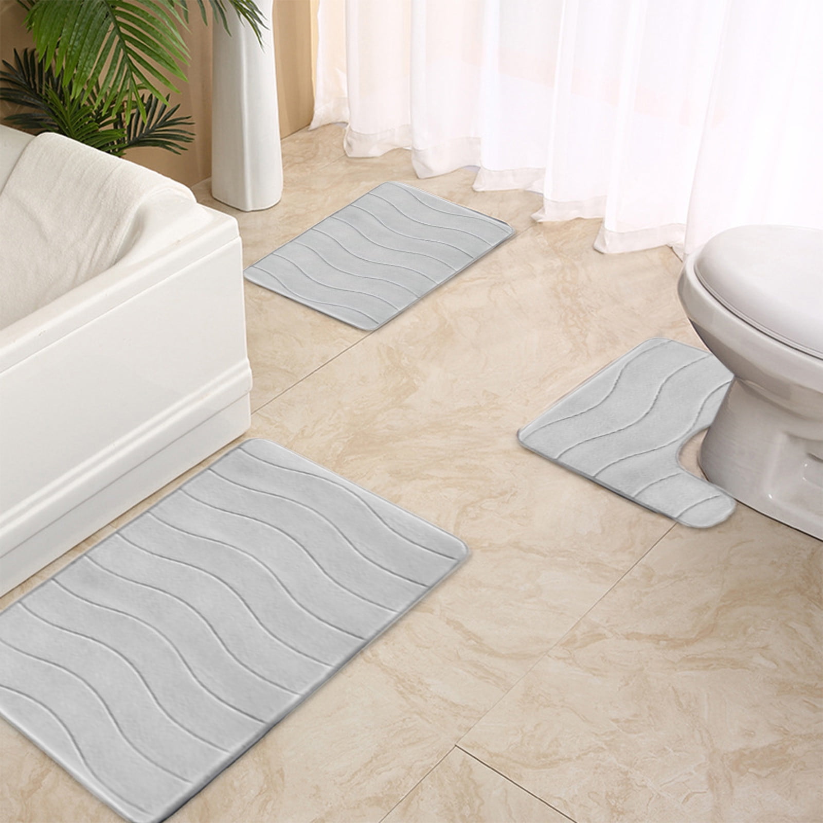 Beautynvta Memory Foam Bath Mat Set, 3 Pieces Quick-Dry Absorbent Bath Mats and U-Shaped Contour Rug for Bathroom, Non-Slip and Soft Comfortable, Gray