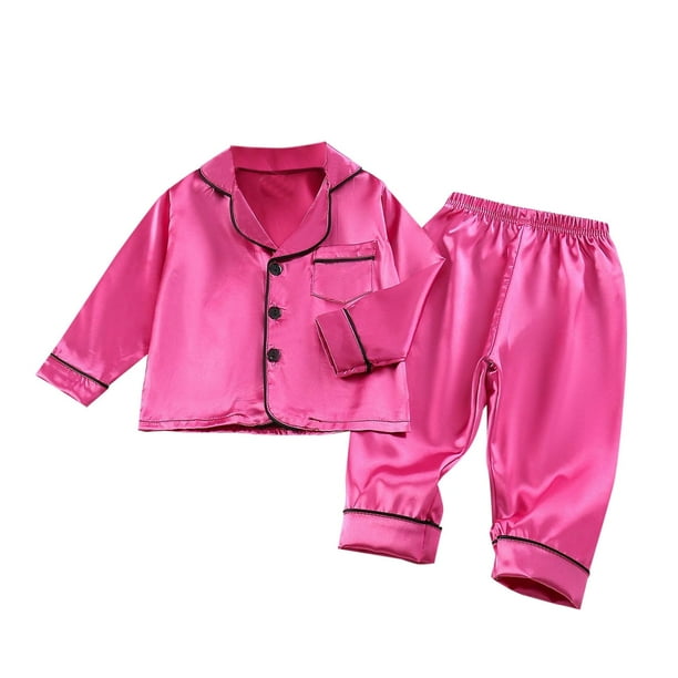 Odeerbi 1-5 Años Niños Niñas Pijama de Satén Con Solapa Entallada Camisa de Manga Larga Conjunto Suave Seda Ropa de Dormir Seda Conjuntos de Pijamas de Dos Piezas