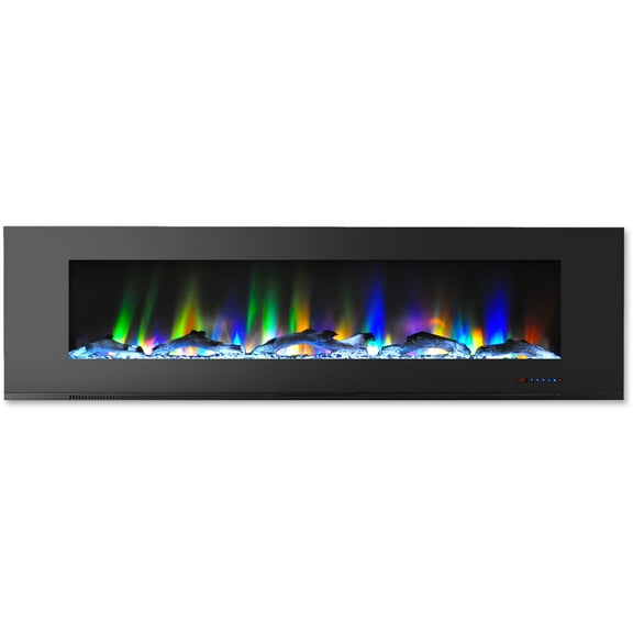 Hanover 72 In. Wall-Mount Electric Fireplace in Black with Multi-Color Flames and Driftwood Log Display