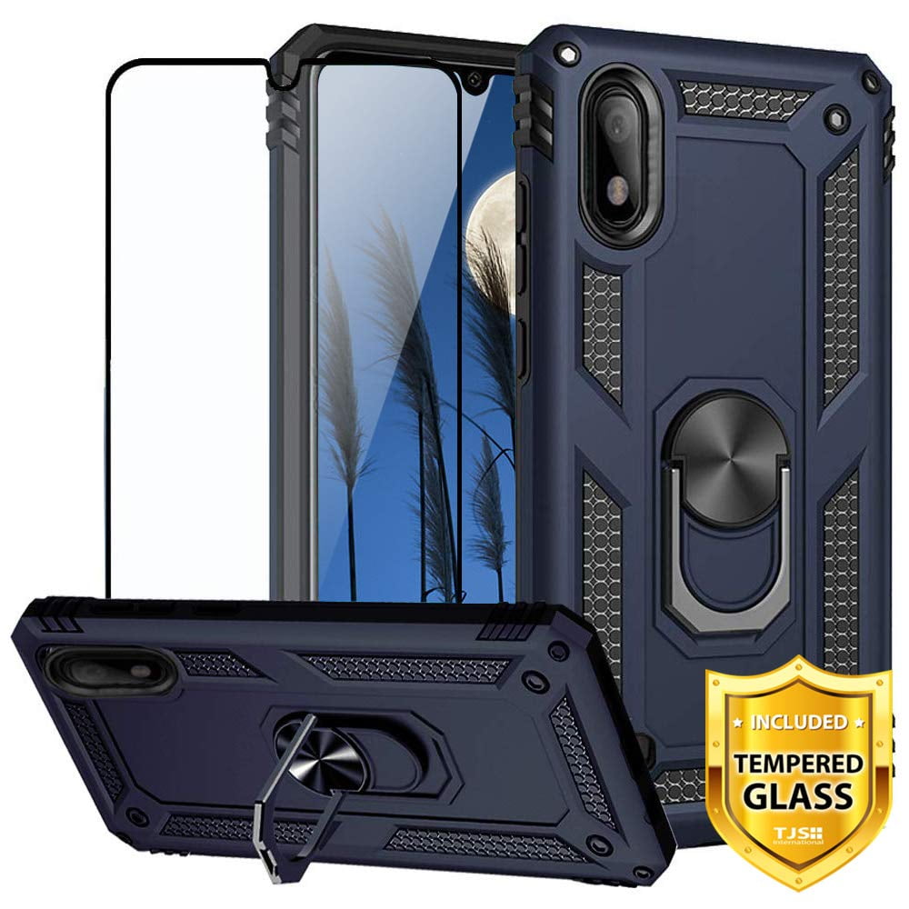 TJS Case for Samsung Galaxy A10E 5.8&quot; 2019, with [Full Coverage Tempered Glass Screen Protector] [Impact Resistant][Defender][Metal Ring][Magnetic][Support] Heavy Duty Armor Phone Cover (Blue)