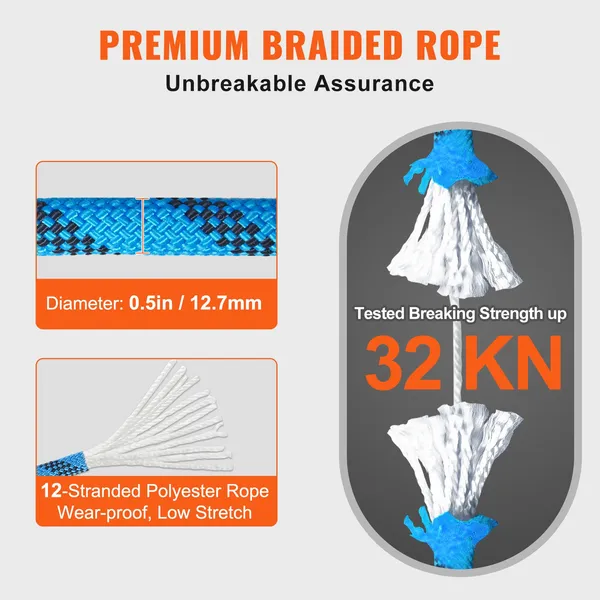 12.7mm Static Climbing Rope 38M 125ft 32KN Breaking Tension Outdoor Rock Climbing Fiber Rope with Steel Snap Hooks for Escape Rappelling Fire Rescue Blue
