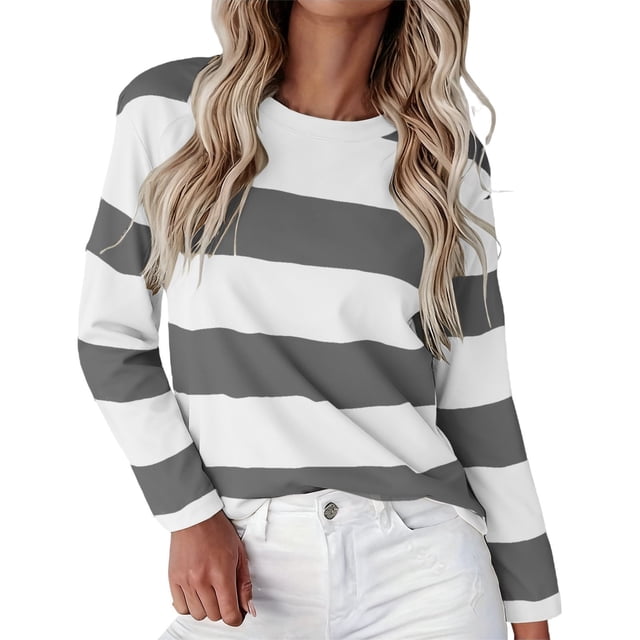 ManxiVoo T-Shirt à Manches Longues à Rayures Imprimées pour Femme, Col Rond, Confortable, T-Shirt Graphique d'Automne, Blouse Légère, Taille TTTTG, Gris Foncé