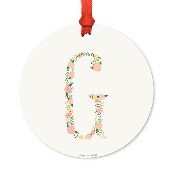 Floral Family Monogram Metal Christmas Ornament, Coral Peach Floral Roses, Letter G, Includes Ribbon and Gift Bag