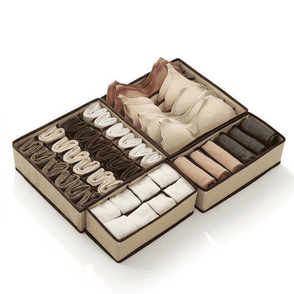4 Piece Beige Collapsible Non-Woven Drawer Organizer, Closet Storage Divider for Daily Sundries