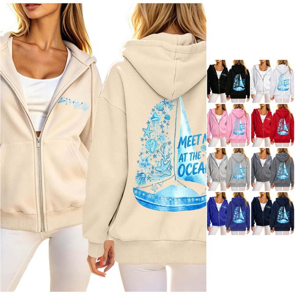 Trendfront Womens Ocean Graphic Zip Up Hoodies Drawstring Hood Long Sleeve Surfboard Back Print Side Pockets Casual Sweatshirts