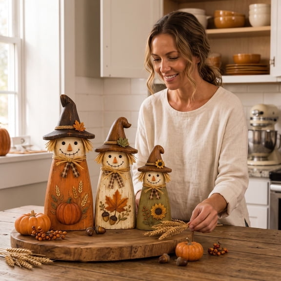 Vintage Wooden Scarecrow Fall Decor Set, Rustic Harvest Decor Collection with Scarecrow & Friends, Farmhouse Tabletop Ornaments for Autumn