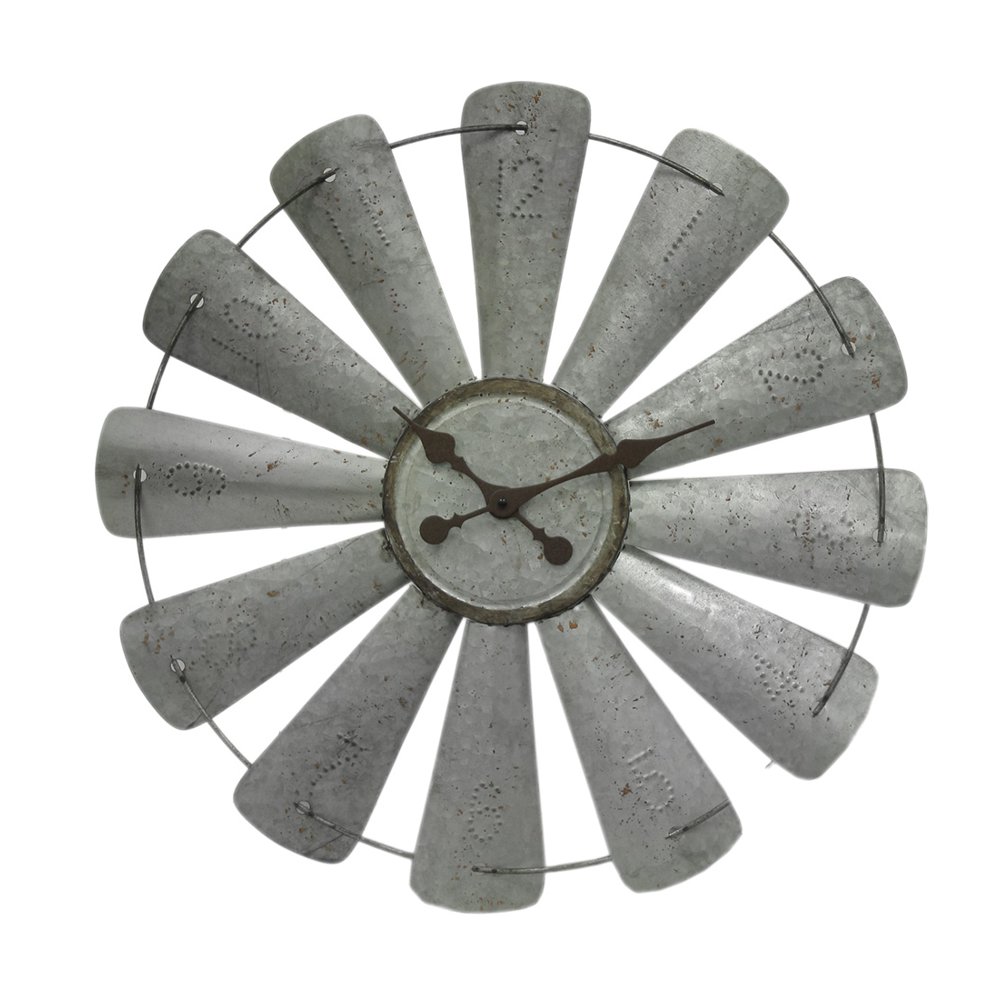 Galvanized Grey 26 inch Rustic Metal Windmill Wall Clock