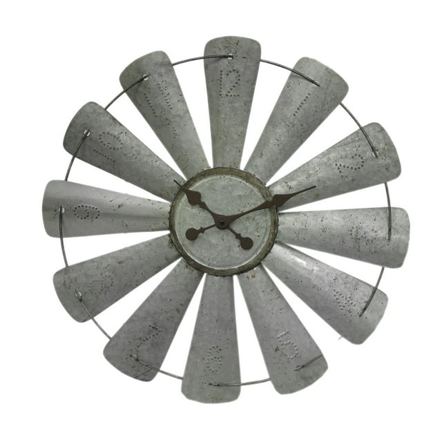 Galvanized Metal 26 inch Rustic Farmhouse Windmill Wall Clock - Windmill Wall Decor In Gray
