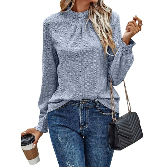 Womens Eyelet Mock Neck Long Sleeve Shirts Top Dressy Casual Trendy Business Stretch Hollow Out Tee Light Blue XXL