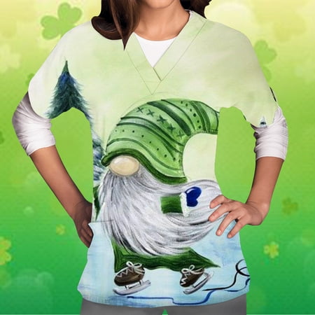 

Ozmmyan Womens Tops St Patricks Day Scrubs for Women Short Sleeved V-neck Shirt St Patrick Printed With Pocket Protector