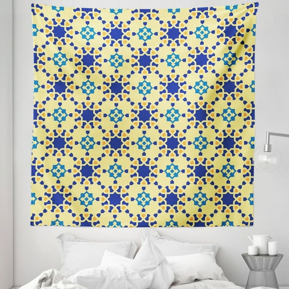 Antique Tapestry, Moroccan Ceramic Motif with Persian Folk Effects Antique Design, Fabric Wall Hanging Decor for Bedroom Living Room Dorm, 5 Sizes, Violet Blue Yellow, by Ambesonne