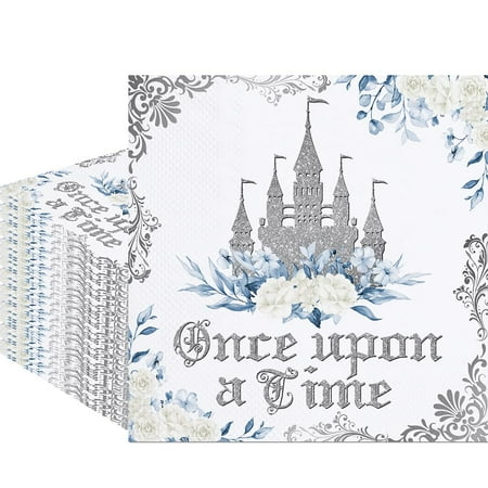 Fitumiw 80Pcs Once PriNst Upon a Time Paper Napkins Fairytale Princess Disposable Napkins for Girl's Birthday Castle Printed Decorative Napkins for Party Supplies Table Decor (Blue and Silver)