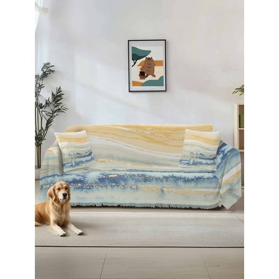 Yellow Blue Ombre Couch Cover for 2 Cushion Sofa, Abstract Modern Art Fluid Striped Washable Loveseat Sofa Covers Slipcover for Sectional Sofas L-Shaped, Couch Throw Cover 71"x118"