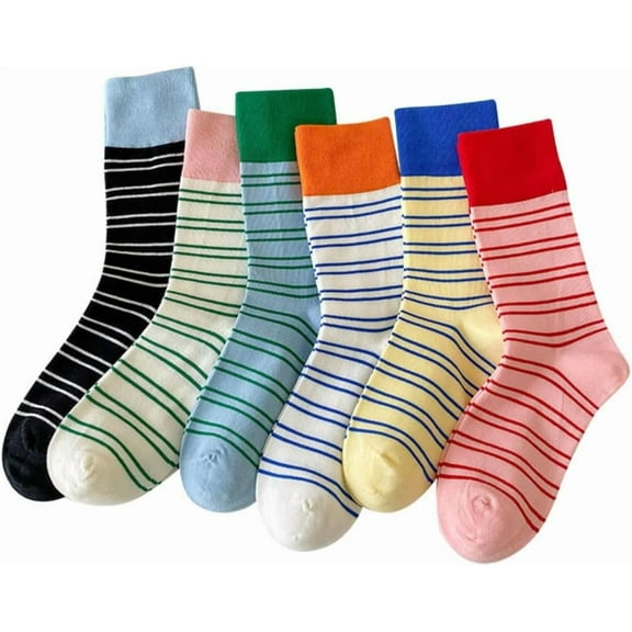 6 Paris Retro Style Colorful Striped Socks, Cute Athletic Crew socks for Women Slouchy Athletic Calf Tube Socks