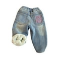 thumbnail image 3 of Denim Pants For Girls Ages 2-8 Thickened Fleece Lined Rabbit Print Winter Trousers With Button Blue, 3 of 3