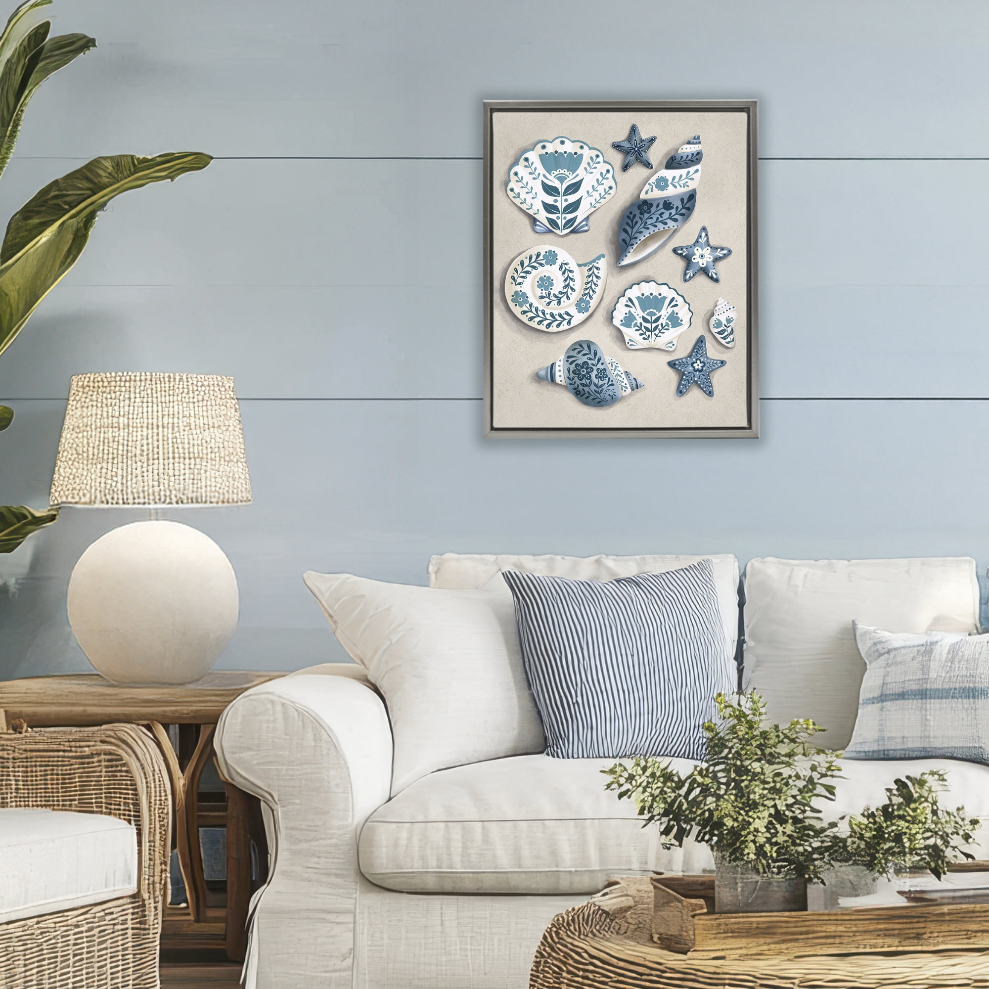 Stupell Industries Teal Nautical Floral Seashells Gray Framed Floater Canvas Wall Art, design by Penny Aguilera