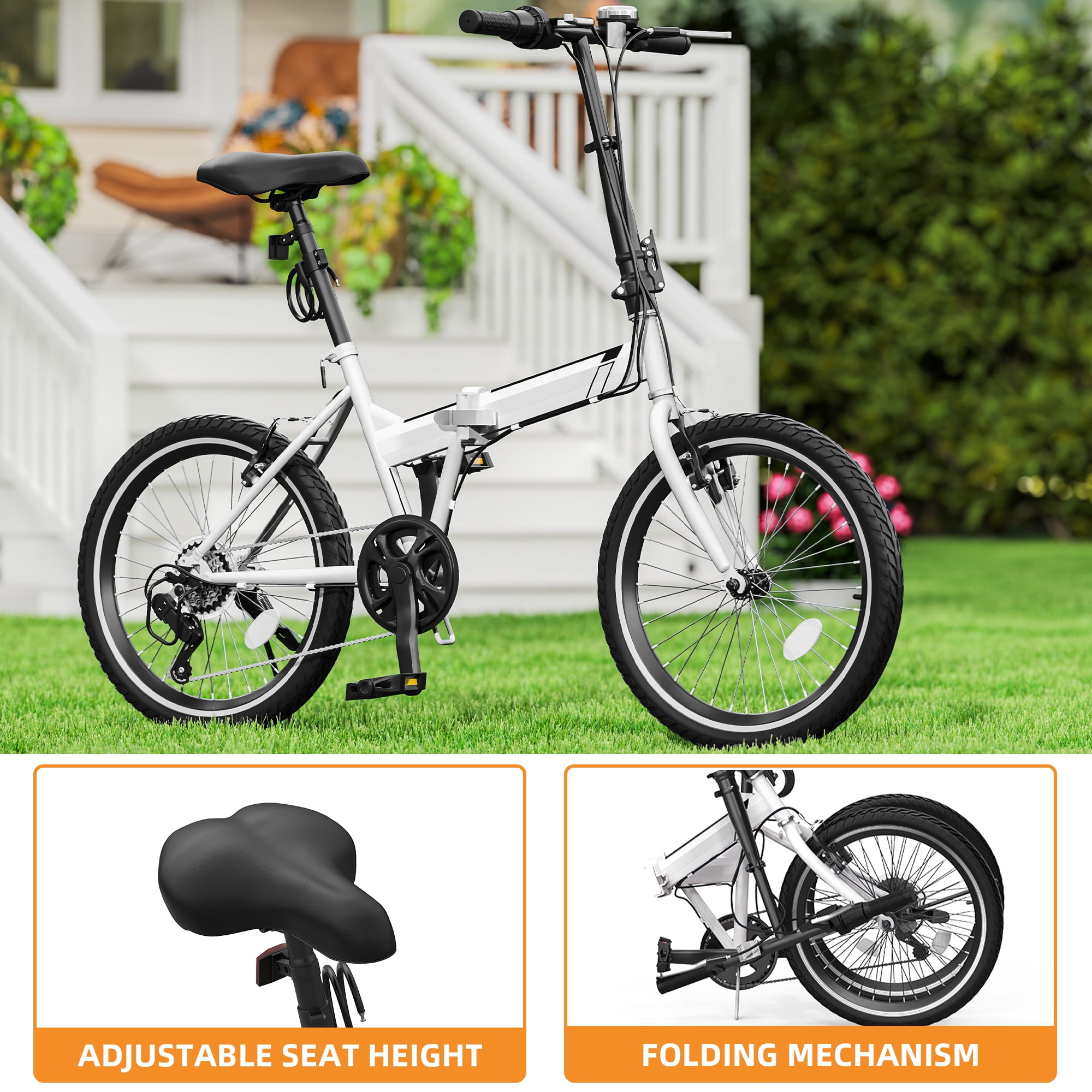 Uforic 20" Folding Bike, 7-Speed Portable Bicycle for Adults, Ideal for Commuting & Fitness, White