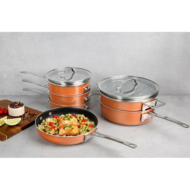 Gotham Steel Stackable Pots and Pans Stackmaster 10 Piece Cookware Set with  Ultra Non-stick Cast Texture Ceramic Coating, Copper 