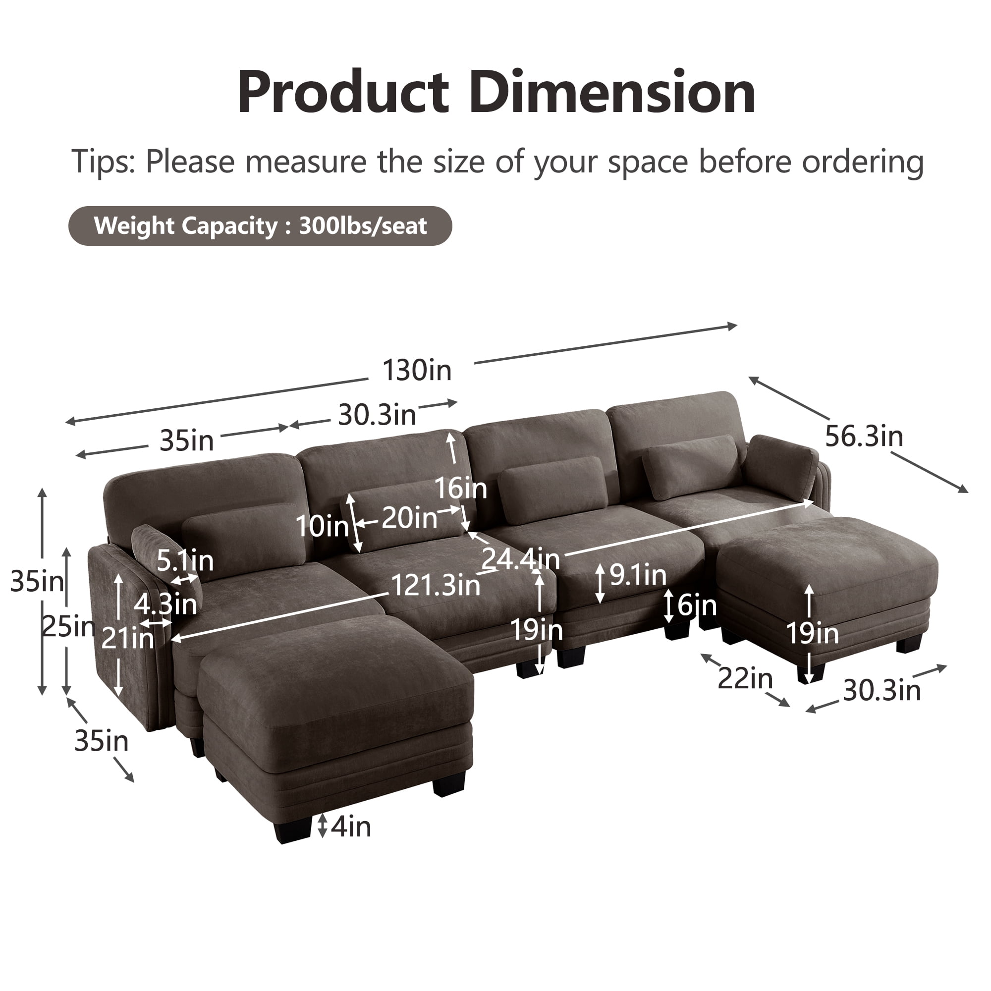130" U-shaped Tufted Modern Modular Sectional 4 Seater Sofa Couch with 2 Ottomans and 6 Pillows