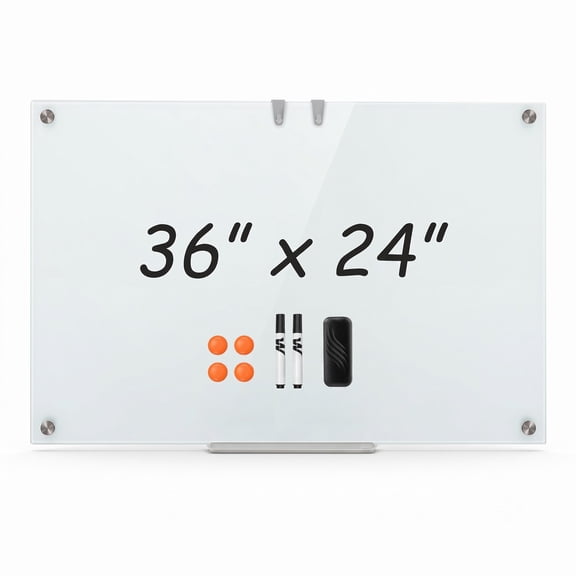 Furnibear 36 x 24 Inch Frameless Tempered Glass Magnetic Whiteboard with Eraser and Removable Marker Tray for Home and Office, White