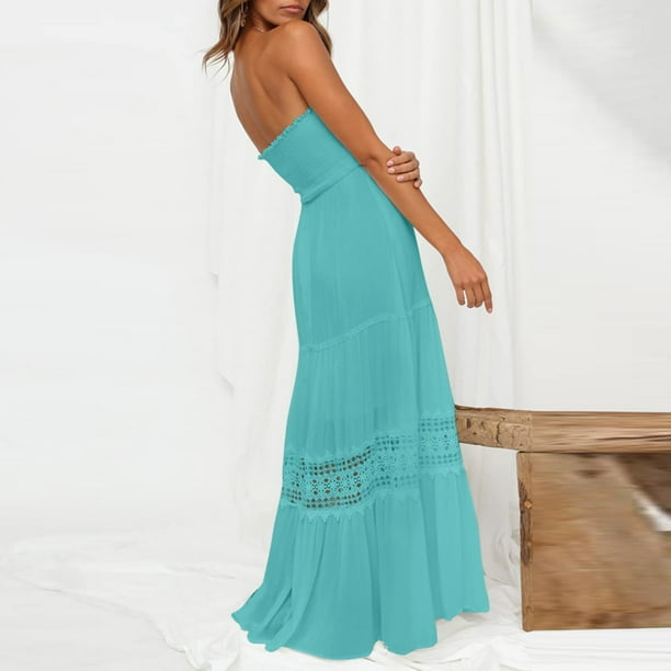 Vsssj Women's Summer Sleeveless Tube Top Lace Dresses Solid Color Smocked Off Shoulder Strapless Tiered Cutout Ruffle Maxi Dress Mint Green L Vsssj Women's Summer Sleeveless Tube Top Lace Dresses Solid Color Smocked Off Shoulder Strapless Tiered Cutout Ruffle Maxi Dress Mint Green L