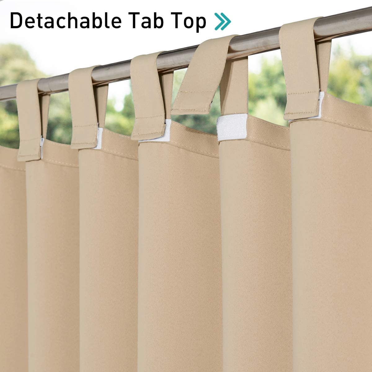 2 Panels Outdoor Curtains for Patio Waterproof 84" Long, Detachable Sticky Tab Top Thermal Insulated Privacy Sun Blocking & UV Protection Drapes for Porch/Pergola, Biscotti Beige, W52 x L84