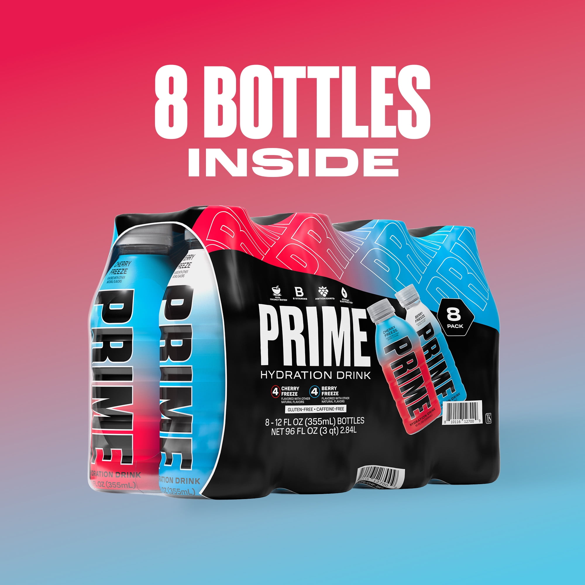 Prime Hydration Sports Drink, Duo Pack, Cherry Freeze, Berry Freeze, 12 fl oz, 8 Pack, Bottles