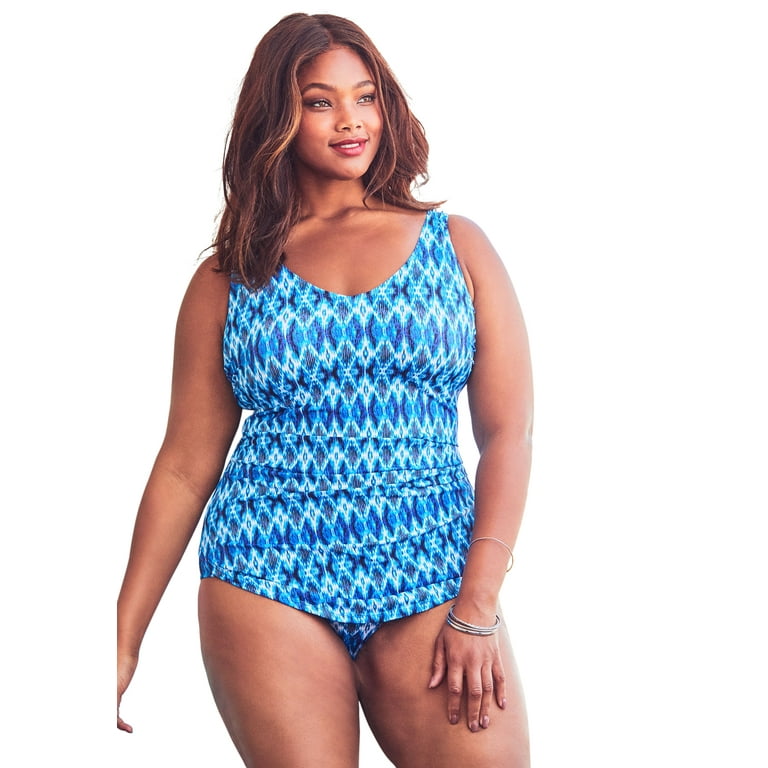 Swimsuits For All Women's Plus Size Sarong Front One Piece Swimsuit 34 Blue  Ikat 