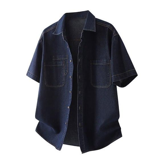 Men's Deinm Shirts Summer Casual Solid Color Button Up Short Sleeve Collar Pocket Shirt Coat