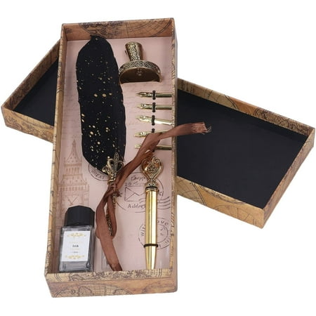 Calligraphy Feather Dip Pen, Antique Quill Pen Ink Set with 5 Nibs ...