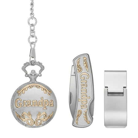 Men's "Grandpa" Pocket Watch Gift Set with Money Clip and Multi-Tool