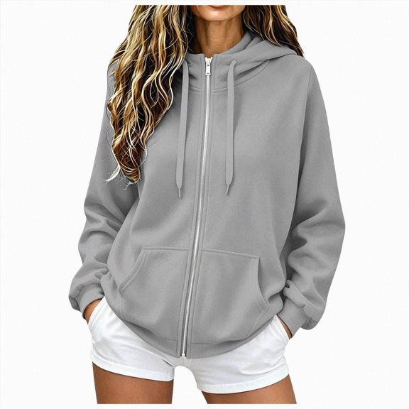 vigerkar Y2K Casual Zip Up Hoodie for Women Oversized Lightweight Jacket with Pockets Fashion Long Sleeve Sweatshirt (Grey, S)