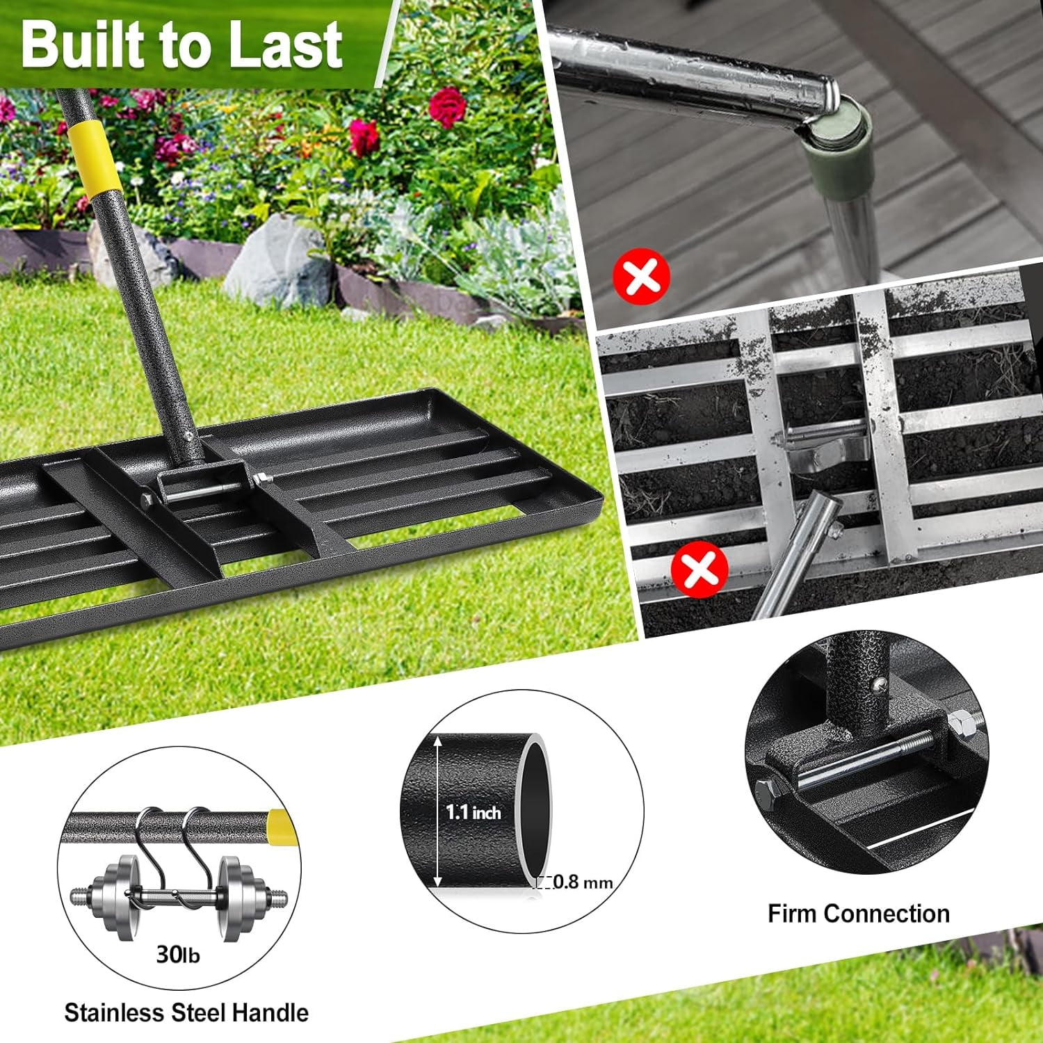 YeYeBest 27" x 10" Lawn Leveling Rake,Large Level lawn Tool, 5ft Adjustable Long Handle Level Lawn Rake for Soil Grass Golf Field