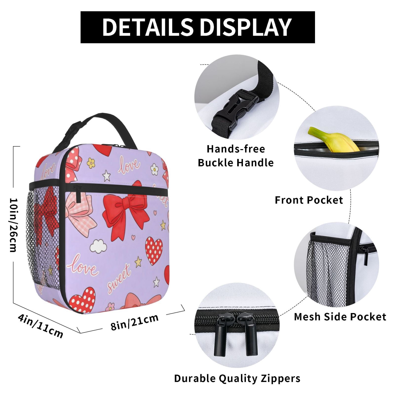 Lunch Bag For Women Men Insulated Portable Lunch Box Bento Box Office Picnic Travel Cooler Bag Sweet Love Bow Heart Light Purple
