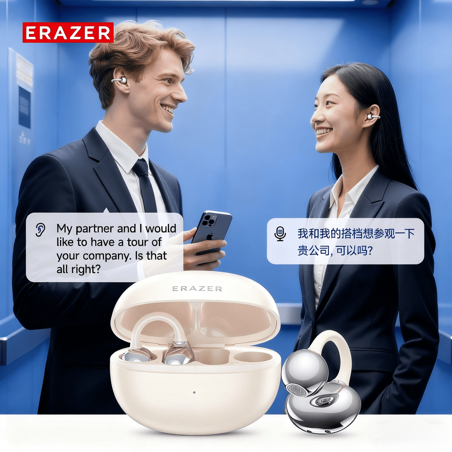 ERAZER XF36 Bluetooth 6.0 Wireless Clip-on Open-Ear Earbuds with AI Translator for 130+ Languages, Noise-Cancelling Headphones, 40H Playtime, IPX5 Waterproof, Off-Beige