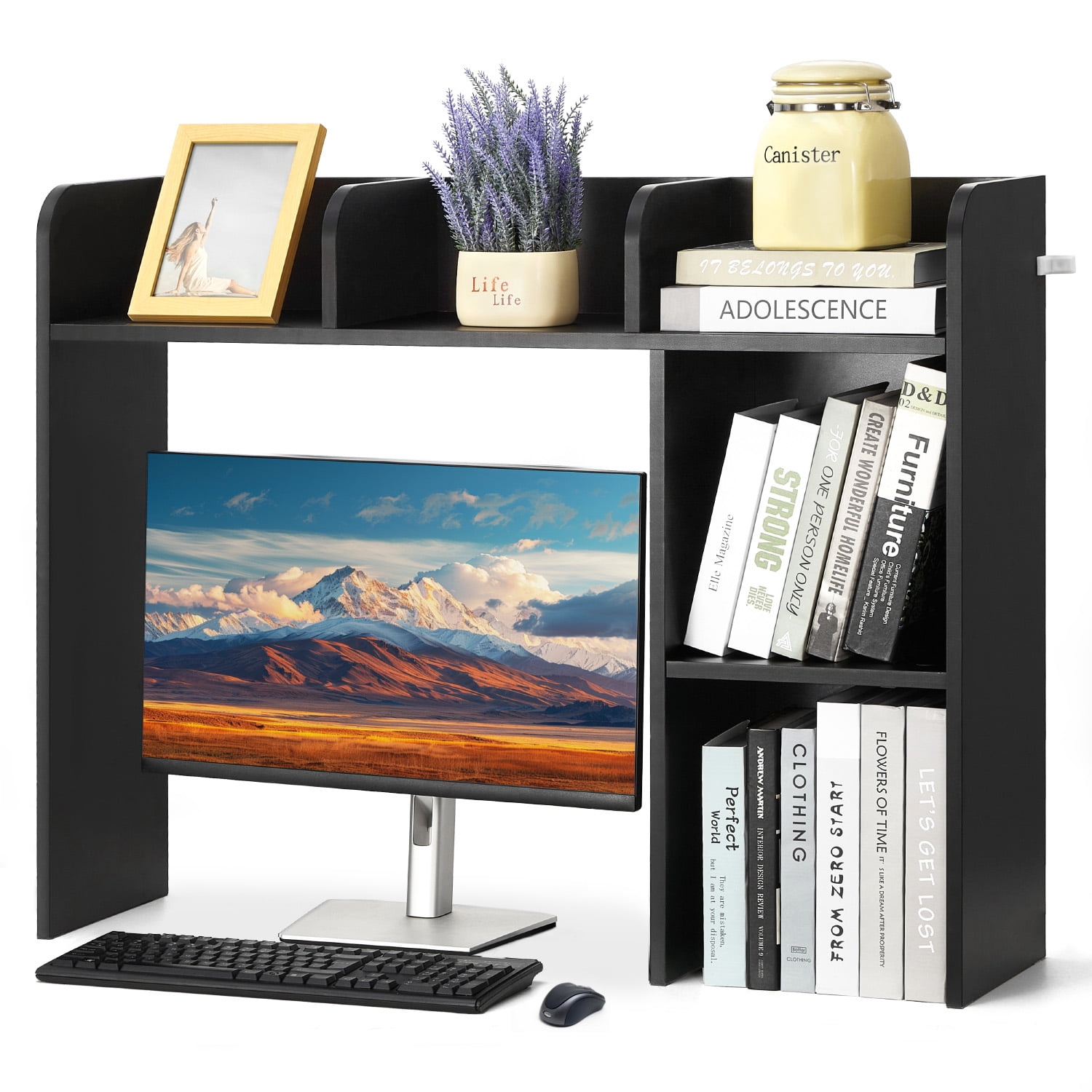 KFFKFF Tabletop Bookcase, Dual-Level Desk Storage Solution, Dimensions 37.2" x 9.5" x 28.9", Office Rack Wooden Showcase, Tabletop Bookcase Hutch with Non-Slip Foot Pads, Black