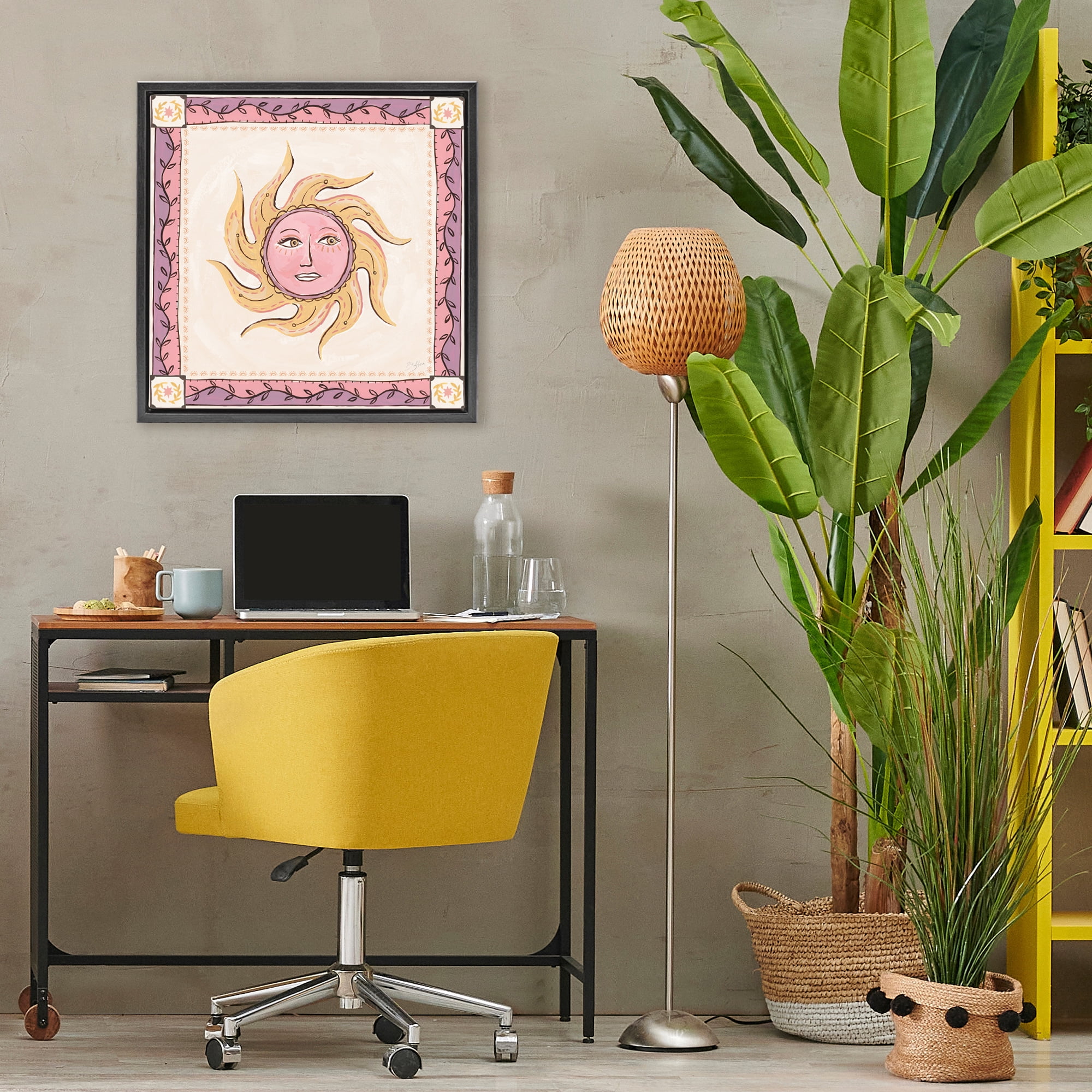 Stupell Industries Pink Sun Face with Leaf Border Black Framed Floater Canvas Wall Art, design by Two If By Sea Studios