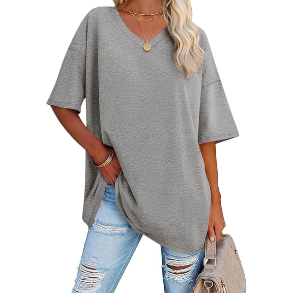 SWQZVT Women's Oversized V Neck T Shirt Short Sleeve Loose Fit Casual Workout Summer Basic Tee Top